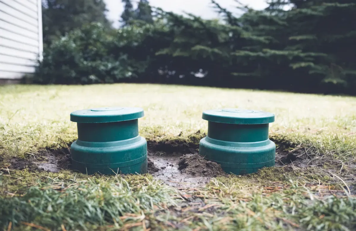 Septic tank access risers set flush in a lawn behind a home in the North Sound, Washington
